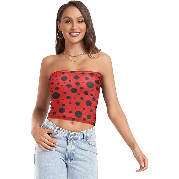 PBJCKAH Women's Sexy Tube Crop Tops Red Black Polka Dot Strapless